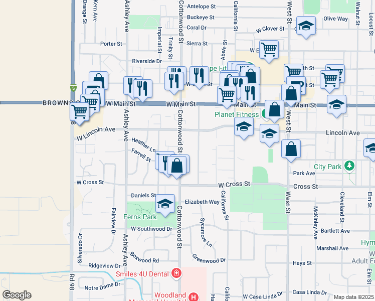 map of restaurants, bars, coffee shops, grocery stores, and more near 521 Cottonwood Street in Woodland