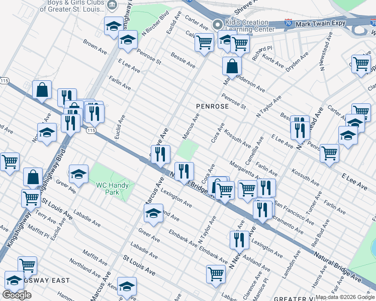 map of restaurants, bars, coffee shops, grocery stores, and more near 3762-3878 Marcus Avenue in St. Louis
