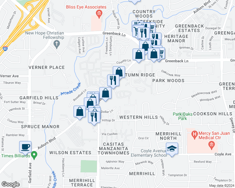 map of restaurants, bars, coffee shops, grocery stores, and more near 6104 Camden Circle in Citrus Heights
