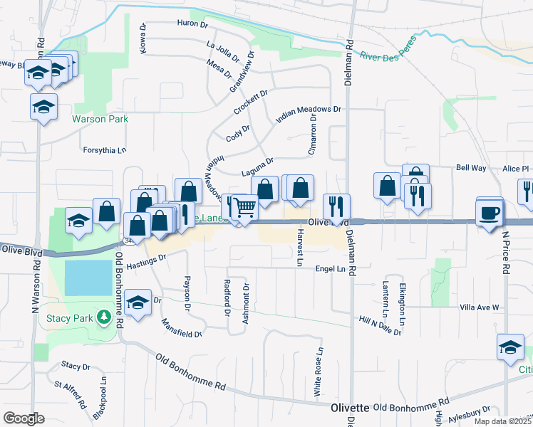 map of restaurants, bars, coffee shops, grocery stores, and more near 9495a Olive Saint Road in Olivette