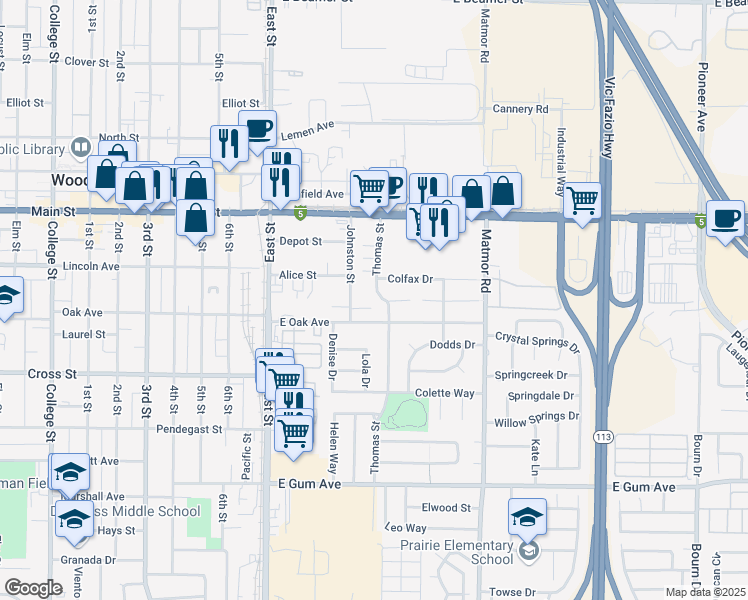 map of restaurants, bars, coffee shops, grocery stores, and more near 532 Thomas Street in Woodland