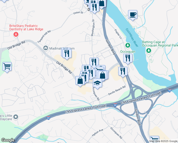 map of restaurants, bars, coffee shops, grocery stores, and more near 12790 Lotte Drive in Woodbridge
