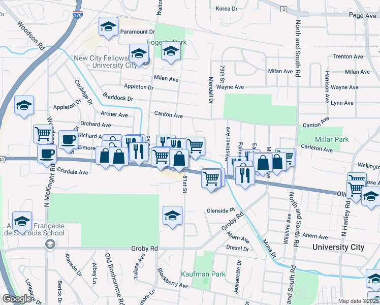 map of restaurants, bars, coffee shops, grocery stores, and more near 8079 Hafner Court in University City
