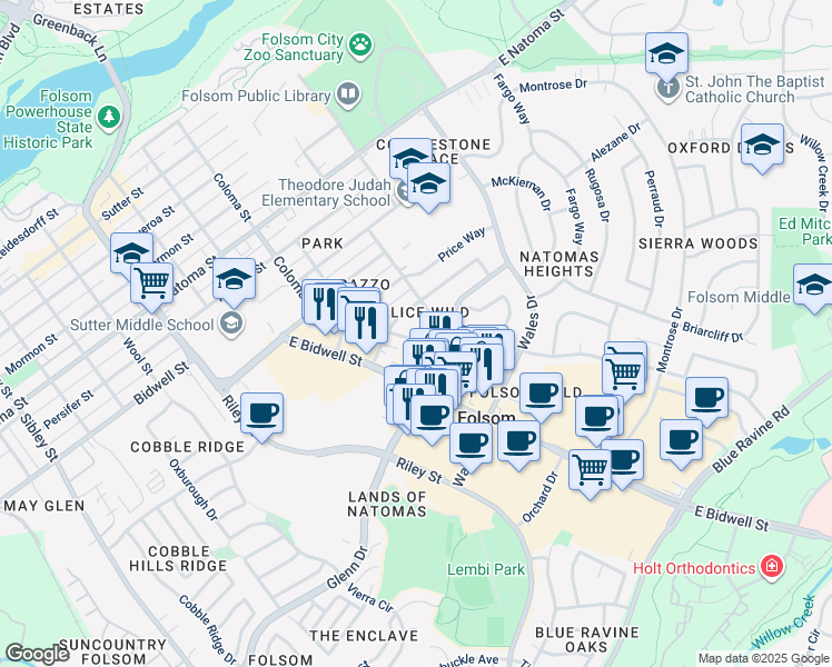 map of restaurants, bars, coffee shops, grocery stores, and more near 1031 Duchow Way in Folsom