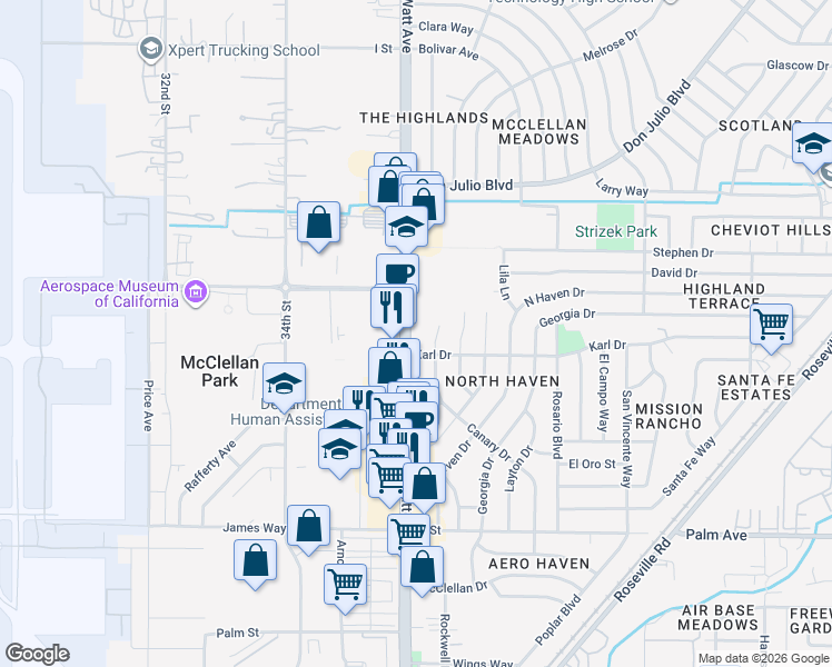 map of restaurants, bars, coffee shops, grocery stores, and more near 5920 Watt Avenue in North Highlands