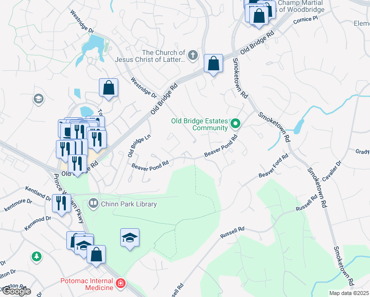 map of restaurants, bars, coffee shops, grocery stores, and more near 12860 Bison Court in Woodbridge