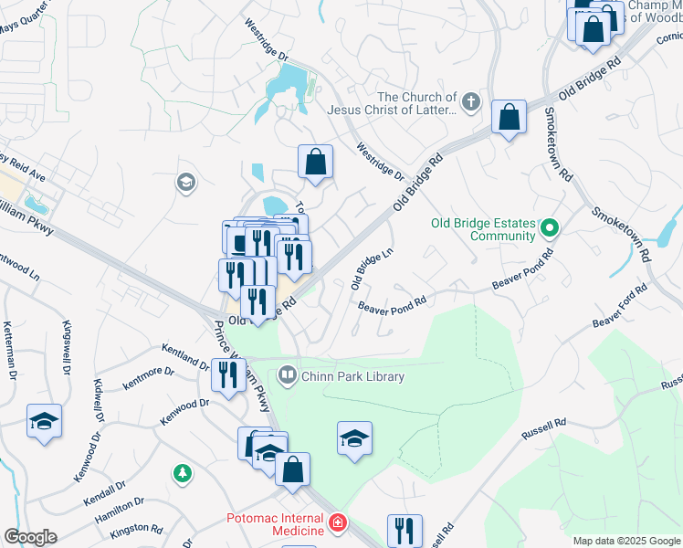 map of restaurants, bars, coffee shops, grocery stores, and more near 3979 Cressida Place in Woodbridge