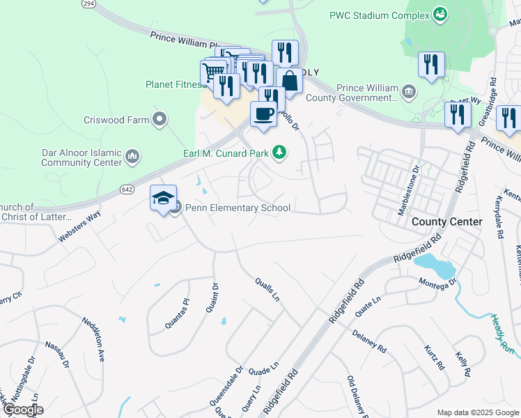 map of restaurants, bars, coffee shops, grocery stores, and more near 12887 Hyannis Lane in Woodbridge