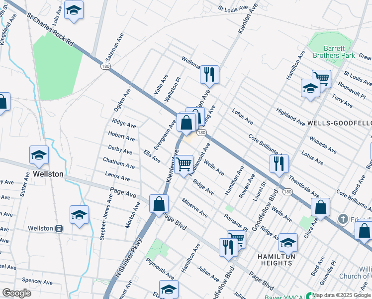 map of restaurants, bars, coffee shops, grocery stores, and more near 6209 Ridge Avenue in St. Louis
