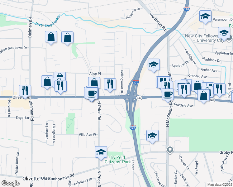 map of restaurants, bars, coffee shops, grocery stores, and more near 9111 Olive Boulevard in St. Louis