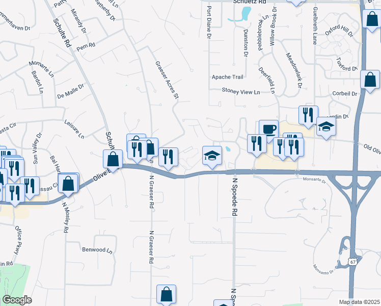 map of restaurants, bars, coffee shops, grocery stores, and more near 10973 Chase Park Lane in Creve Coeur