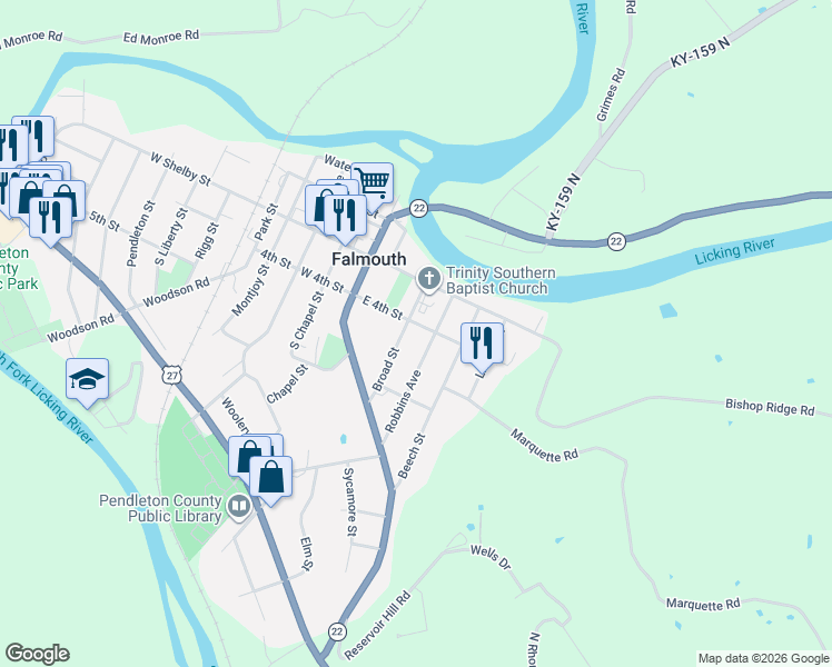 map of restaurants, bars, coffee shops, grocery stores, and more near 305 East 4th Street in Falmouth