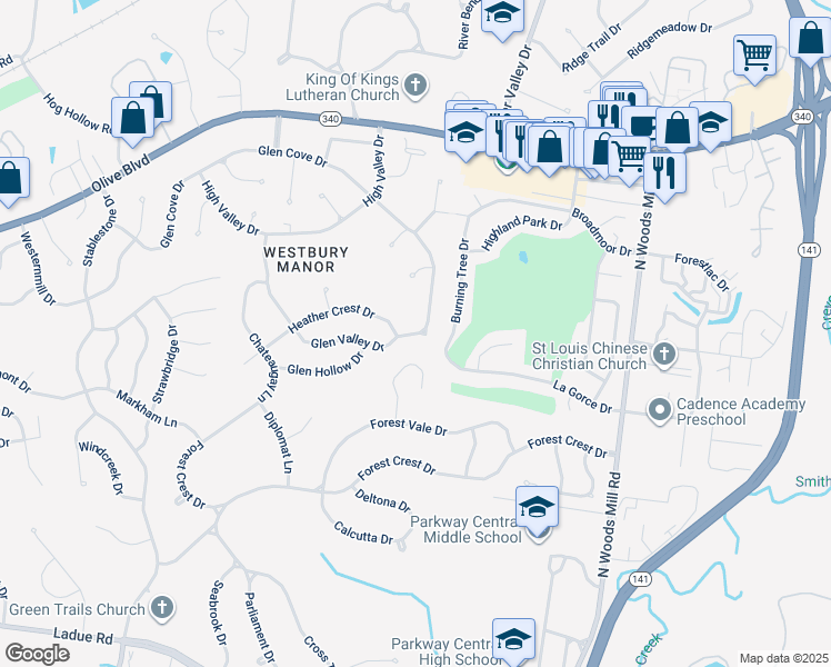 map of restaurants, bars, coffee shops, grocery stores, and more near 211 Glen Valley Drive in Chesterfield