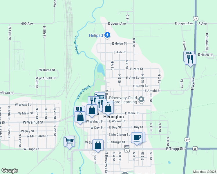 map of restaurants, bars, coffee shops, grocery stores, and more near 410 North Broadway Street in Herington