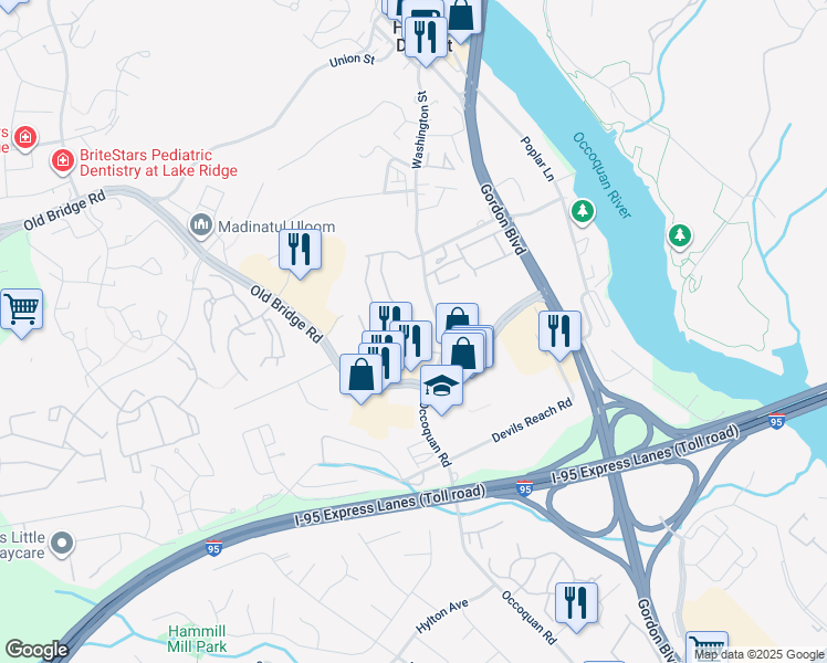 map of restaurants, bars, coffee shops, grocery stores, and more near 12789 Lotte Drive in Woodbridge