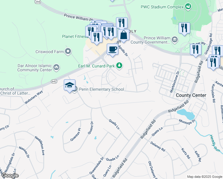 map of restaurants, bars, coffee shops, grocery stores, and more near 12889 Hyannis Lane in Woodbridge