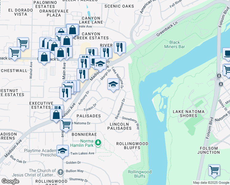map of restaurants, bars, coffee shops, grocery stores, and more near 9601 Lake Natoma Drive in Orangevale