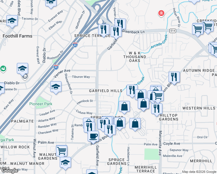 map of restaurants, bars, coffee shops, grocery stores, and more near 5541 Oldham Lane in Sacramento