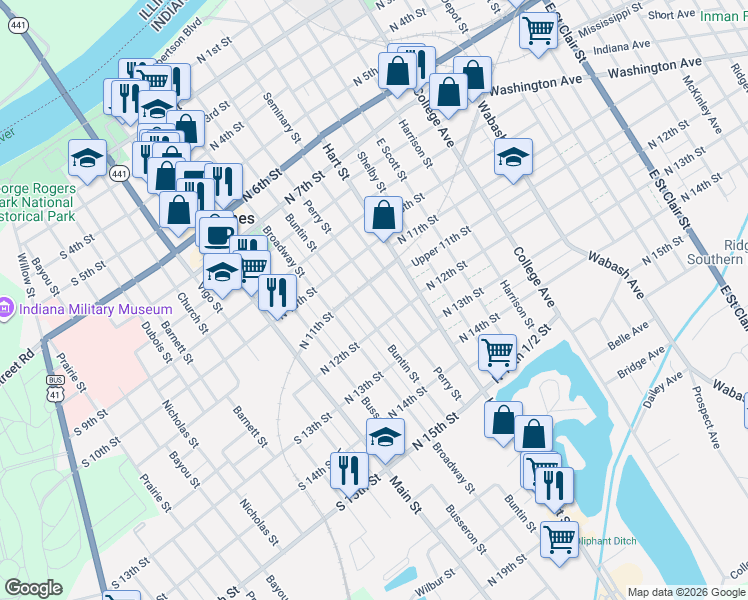 map of restaurants, bars, coffee shops, grocery stores, and more near 1117 Perry Street in Vincennes