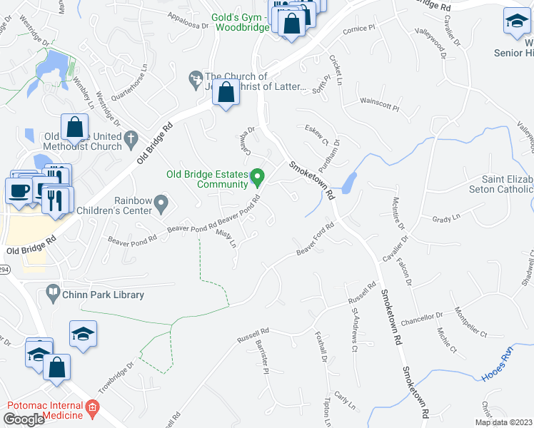 map of restaurants, bars, coffee shops, grocery stores, and more near 3623 Woodhaven Court in Woodbridge
