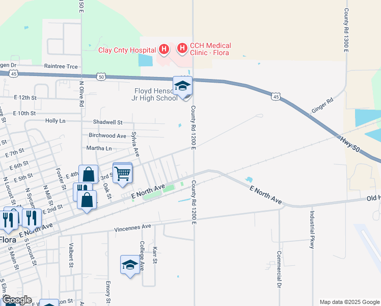 map of restaurants, bars, coffee shops, grocery stores, and more near 100-198 North Stanford Road in Flora