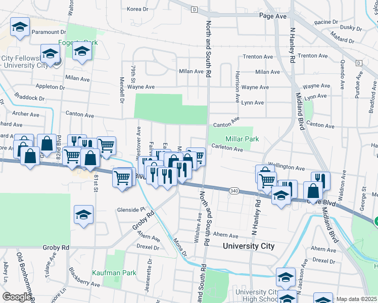 map of restaurants, bars, coffee shops, grocery stores, and more near 7728 Wellington Avenue in University City