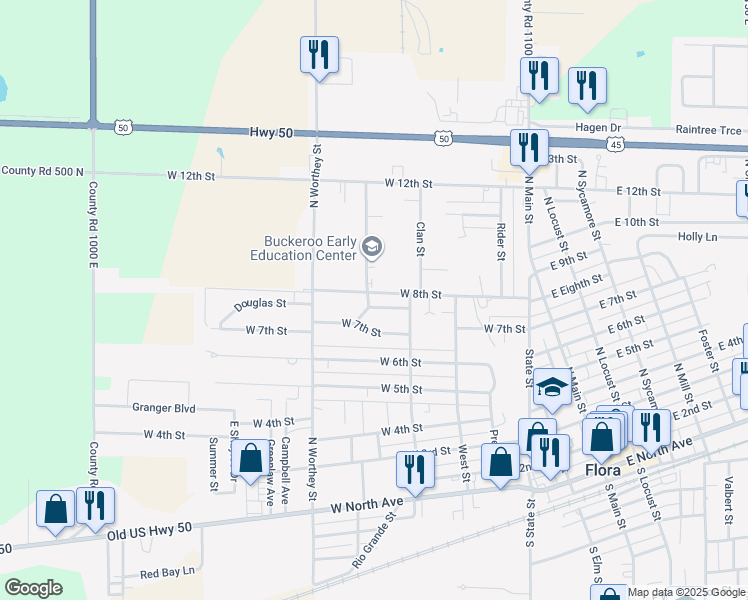 map of restaurants, bars, coffee shops, grocery stores, and more near 624 Douglas Street in Flora