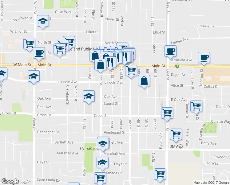 map of restaurants, bars, coffee shops, grocery stores, and more near 537 1st Street in Woodland