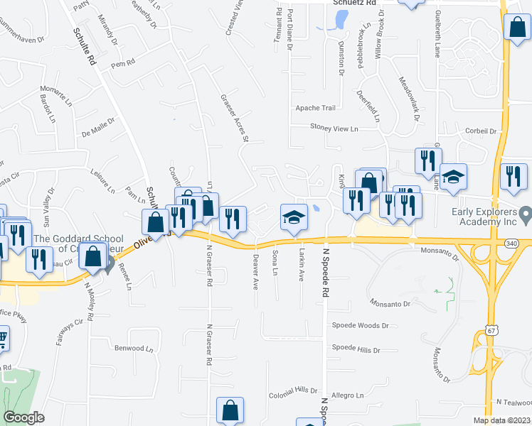 map of restaurants, bars, coffee shops, grocery stores, and more near 10973 Chase Park Lane in Creve Coeur