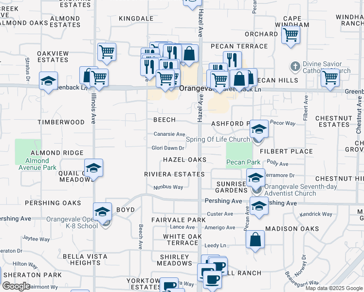 map of restaurants, bars, coffee shops, grocery stores, and more near 8863 Glori Dawn Drive in Orangevale