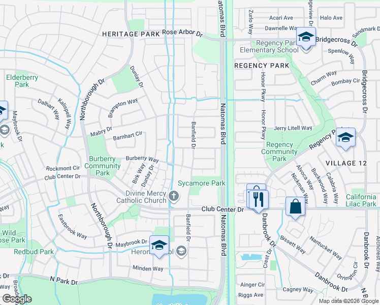 map of restaurants, bars, coffee shops, grocery stores, and more near 5481 Banfield Drive in Sacramento