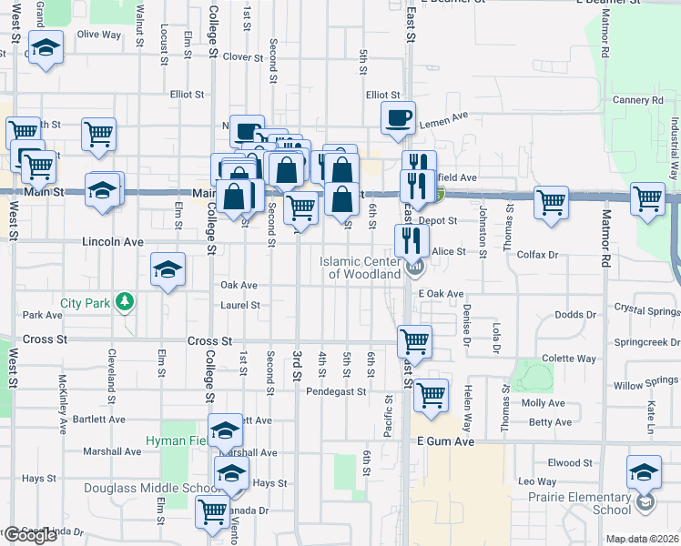 map of restaurants, bars, coffee shops, grocery stores, and more near 536 5th Street in Woodland