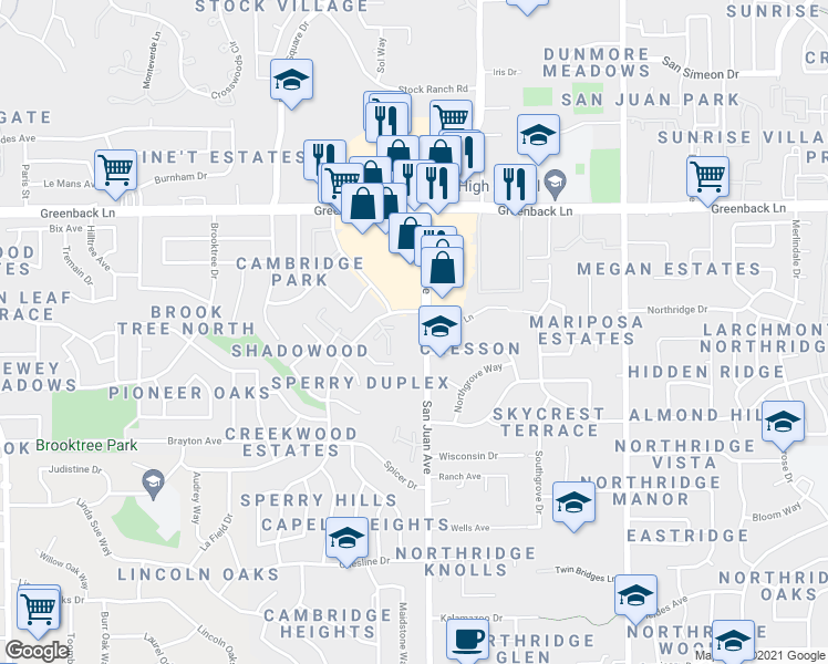 map of restaurants, bars, coffee shops, grocery stores, and more near 5997 San Juan Avenue in Citrus Heights