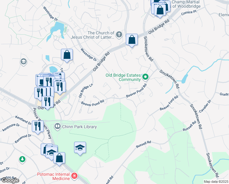 map of restaurants, bars, coffee shops, grocery stores, and more near 12860 Bison Court in Woodbridge