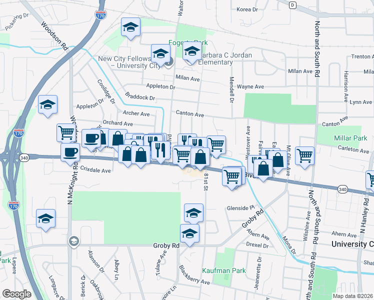 map of restaurants, bars, coffee shops, grocery stores, and more near 8128 Vardaman Avenue in St. Louis