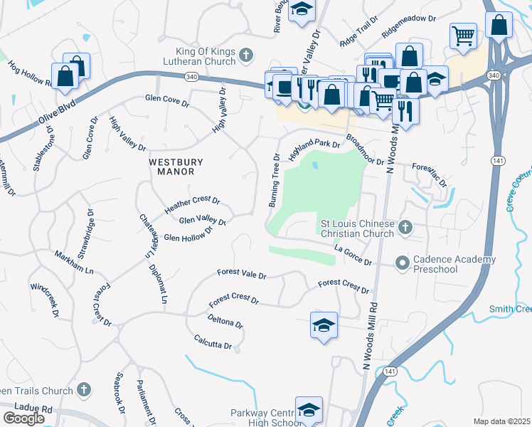 map of restaurants, bars, coffee shops, grocery stores, and more near 93 Burning Tree Drive in Chesterfield
