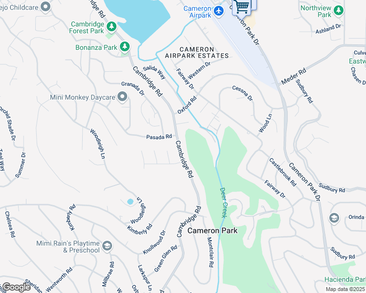 map of restaurants, bars, coffee shops, grocery stores, and more near 3365 Cambridge Road in Cameron Park