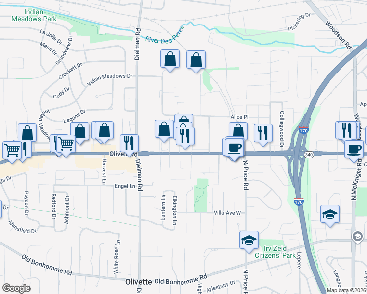 map of restaurants, bars, coffee shops, grocery stores, and more near 9345 Olive Boulevard in St. Louis