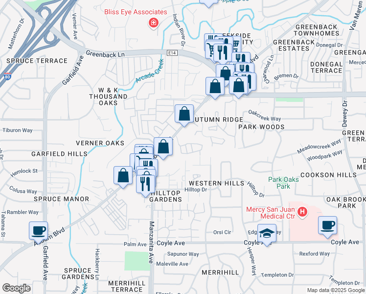 map of restaurants, bars, coffee shops, grocery stores, and more near 6104 Camden Circle in Citrus Heights