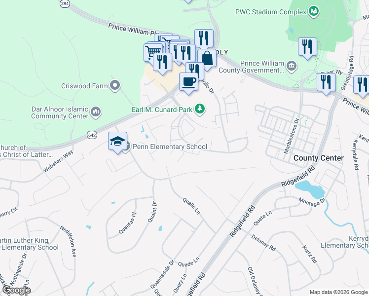 map of restaurants, bars, coffee shops, grocery stores, and more near 12883 Hyannis Lane in Woodbridge