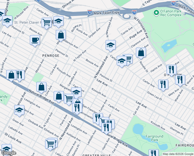 map of restaurants, bars, coffee shops, grocery stores, and more near 4150 North Newstead Avenue in St. Louis