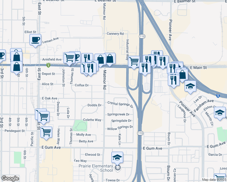 map of restaurants, bars, coffee shops, grocery stores, and more near 575 Matmor Road in Woodland