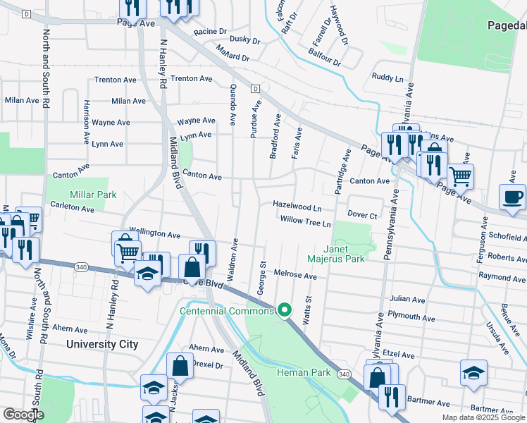 map of restaurants, bars, coffee shops, grocery stores, and more near 1344 Purdue Avenue in University City