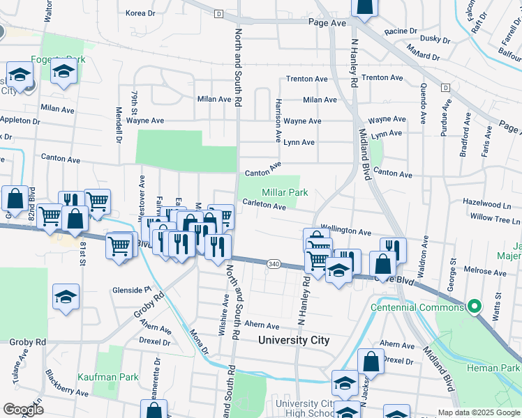 map of restaurants, bars, coffee shops, grocery stores, and more near 7610 Carleton Avenue in University City
