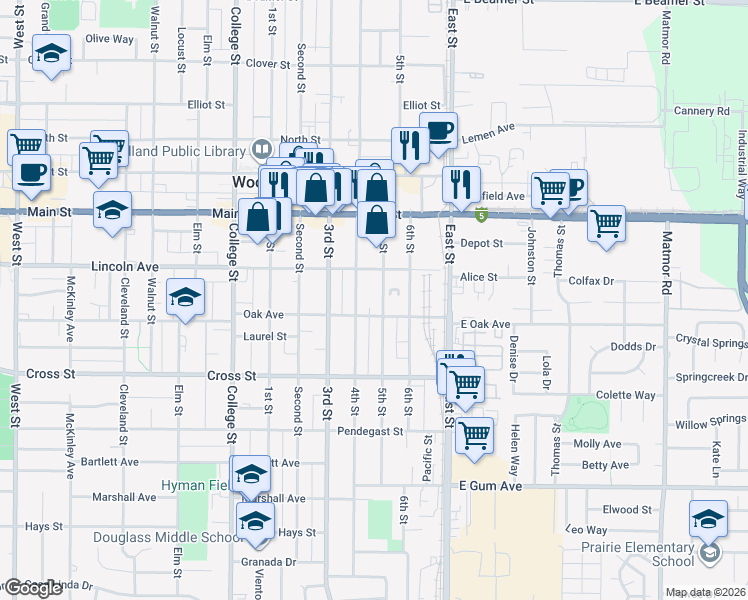 map of restaurants, bars, coffee shops, grocery stores, and more near 536 5th Street in Woodland