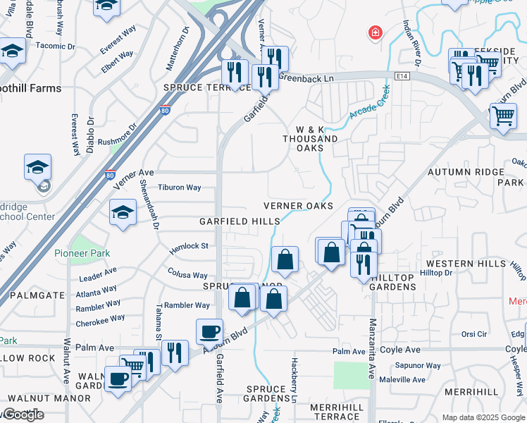 map of restaurants, bars, coffee shops, grocery stores, and more near 5644 Verner Oak Court in Sacramento