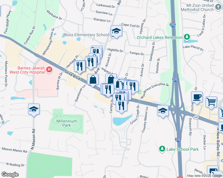 map of restaurants, bars, coffee shops, grocery stores, and more near 12401 Olive Boulevard in Creve Coeur