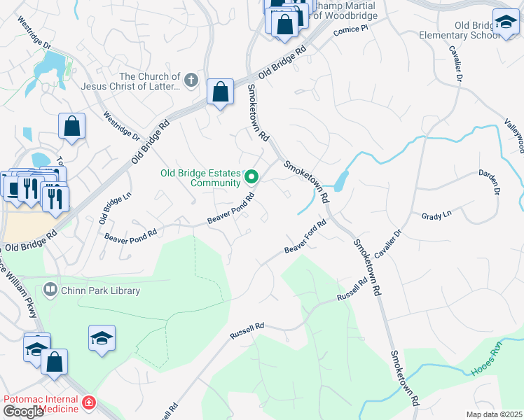 map of restaurants, bars, coffee shops, grocery stores, and more near 3627 Woodhaven Court in Woodbridge