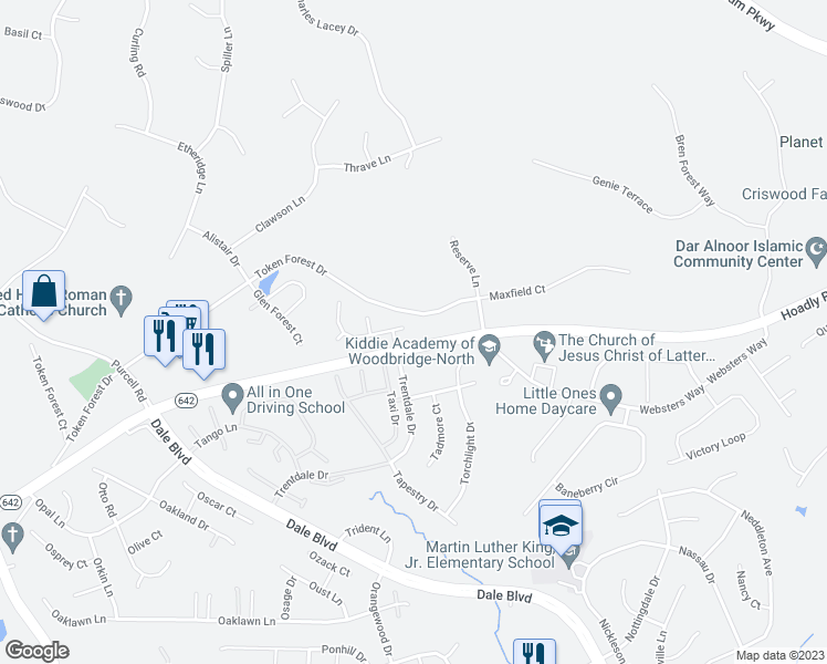 map of restaurants, bars, coffee shops, grocery stores, and more near 6001 Omega Lane in Manassas