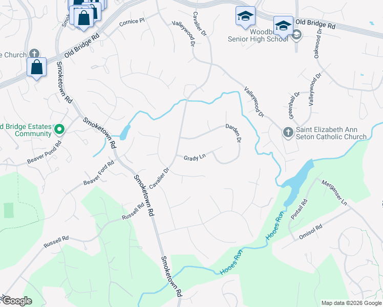 map of restaurants, bars, coffee shops, grocery stores, and more near 3268 Grady Lane in Woodbridge